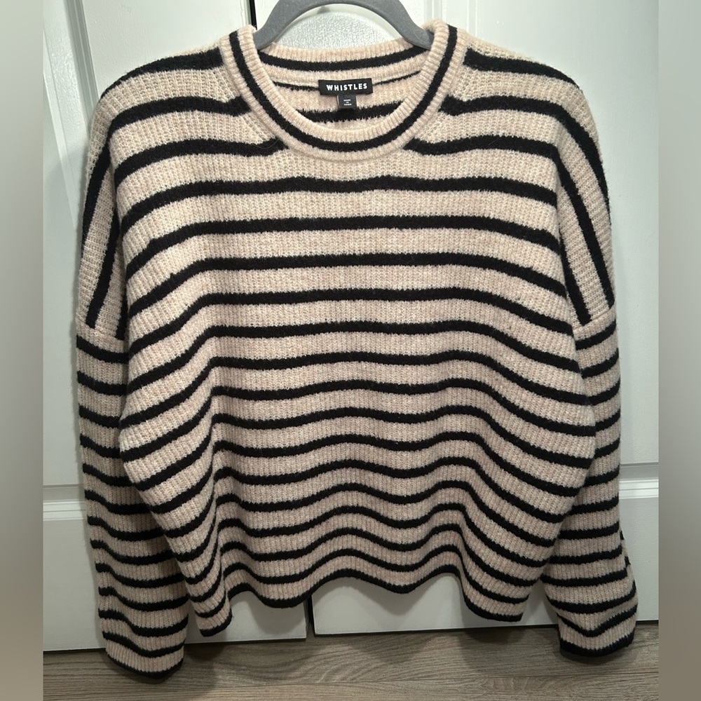 Whistles Striped Black and Cream Sweater Medium Wool Oversized Warm Perforated
